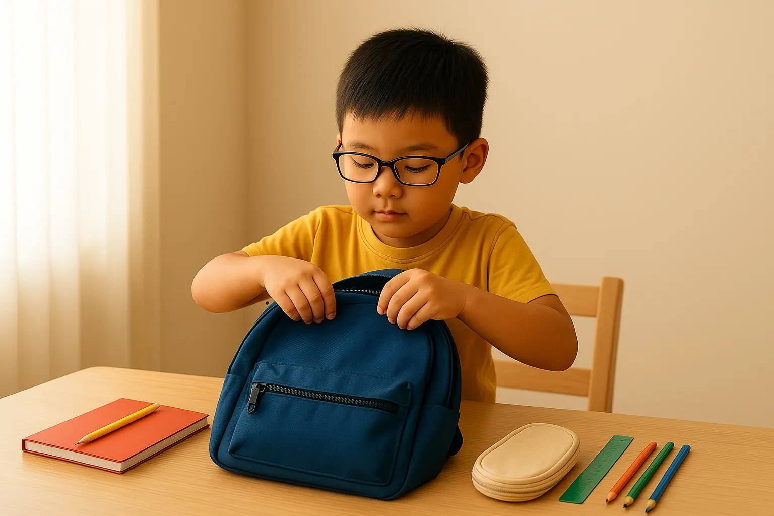 Boy preparing for school by packing his bag