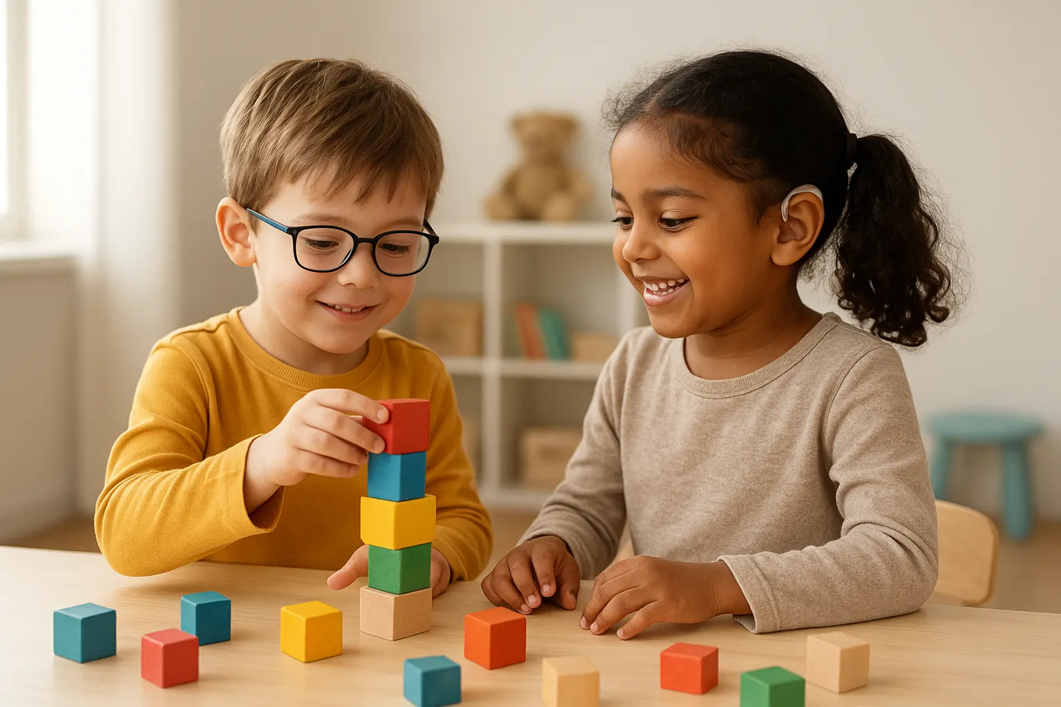 Two children building a tower of blocks together