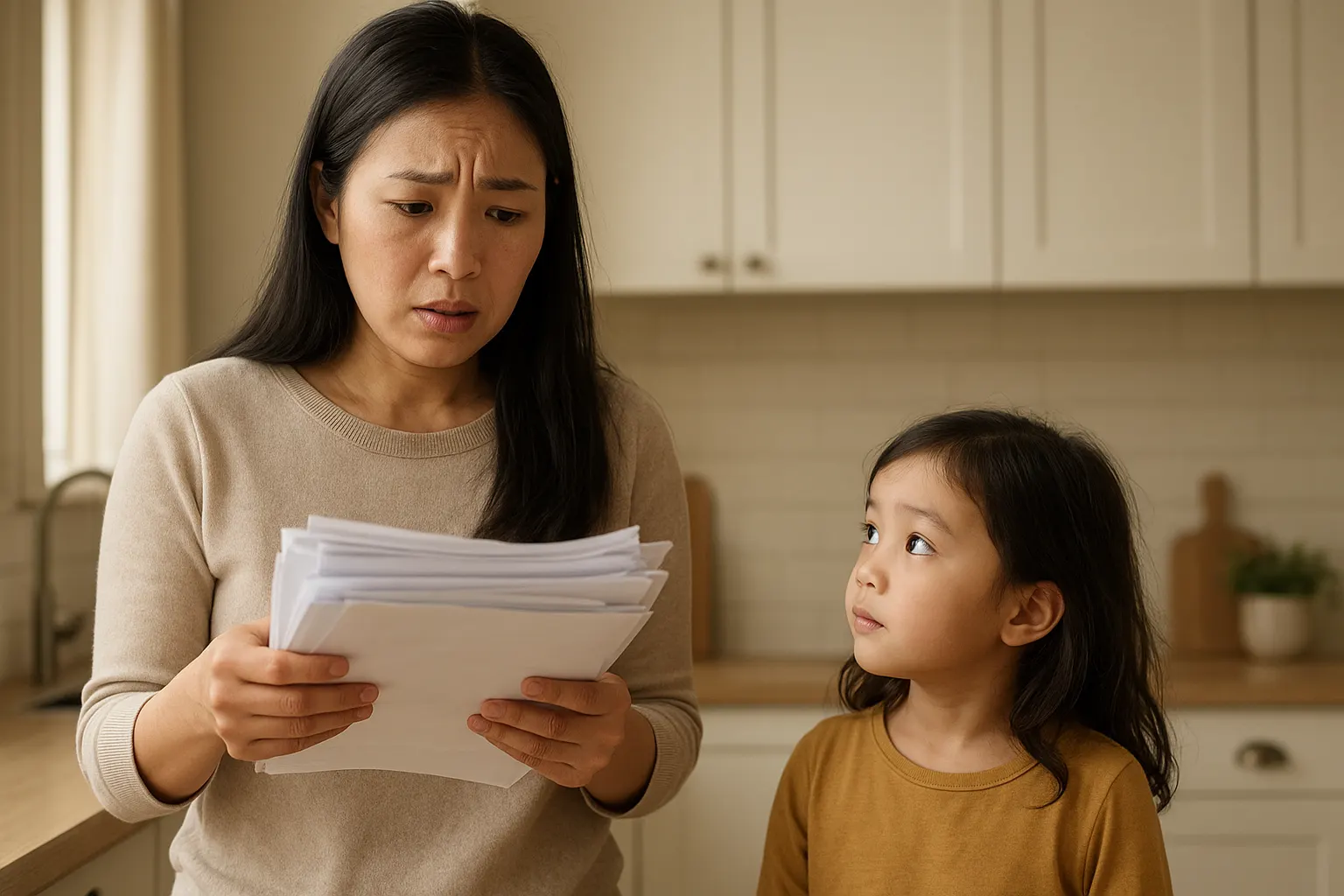 Worried parent reading school paperwork beside her daughter